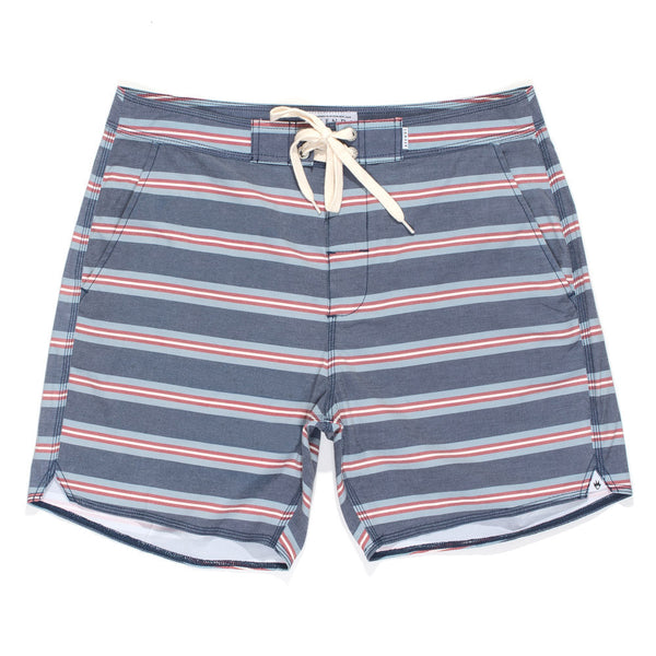 Afends Navy Stripe - 16.5" Fixed Waist Pockets Swim Shorts - Navy Stripe